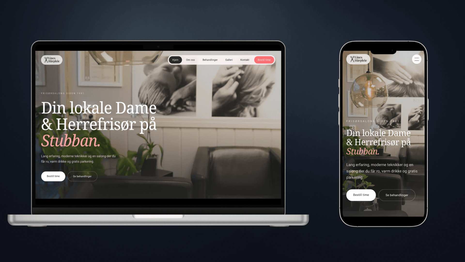 Nettsiden til Lines Hårpleie vist på MacBook og iPhone